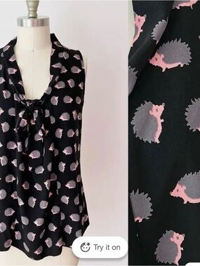 Modcloth Black Sleeveless Tie-Neck Blouse with Pink & Gray Hedgehog Print